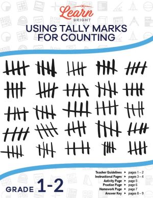 This is the title page for the Using Tally Marks for Counting lesson plan. The main image is a picture of 25 sets of tally marks. The orange Learn Bright logo is at the top.