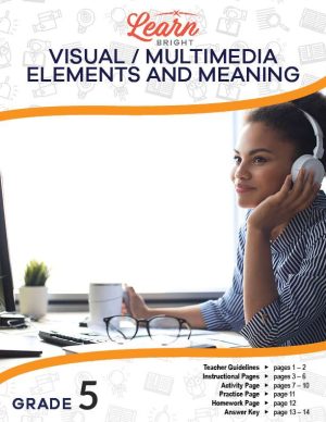 This is the title page for the Visual Multimedia Elements and Meaning lesson plan. A picture of a woman with headphones on is in the middle. She is touching one side, suggesting she is trying to listen to something specific. The Learn Bright logo is at the top.