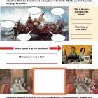 This is another activity page for the Visual Multimedia Elements and Meaning lesson plan. There's a picture of a painting of colonial style people in a boat. There are empty word bubbles over some of the figures in the painting. There is another picture of people at a table or bar. A sign says "Counter Closed." Another comic strip is at the bottom. The middle portion is empty.