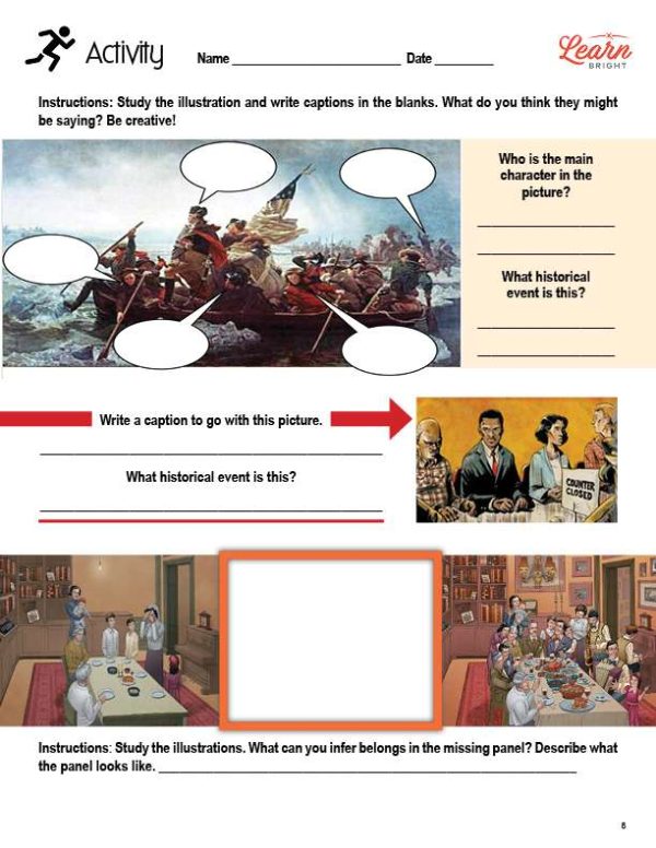 This is another activity page for the Visual Multimedia Elements and Meaning lesson plan. There's a picture of a painting of colonial style people in a boat. There are empty word bubbles over some of the figures in the painting. There is another picture of people at a table or bar. A sign says "Counter Closed." Another comic strip is at the bottom. The middle portion is empty.