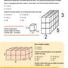 This is a content page for the Volume 1 - Grade 5 lesson plan. It shows pictures of cubes stacked up two deep, five wide, and three tall. Another group of cubes is two deep, four wide, and two tall.