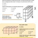 This is a content page for the Volume 1 - Grade 5 lesson plan. It shows pictures of cubes stacked up two deep, five wide, and three tall. Another group of cubes is two deep, four wide, and two tall.