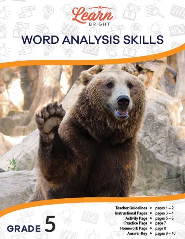 This is the title page for the Word Analysis Skills - Grade 5 lesson plan. There is a picture of a bear. The orange Learn Bright logo is at the top of the page.