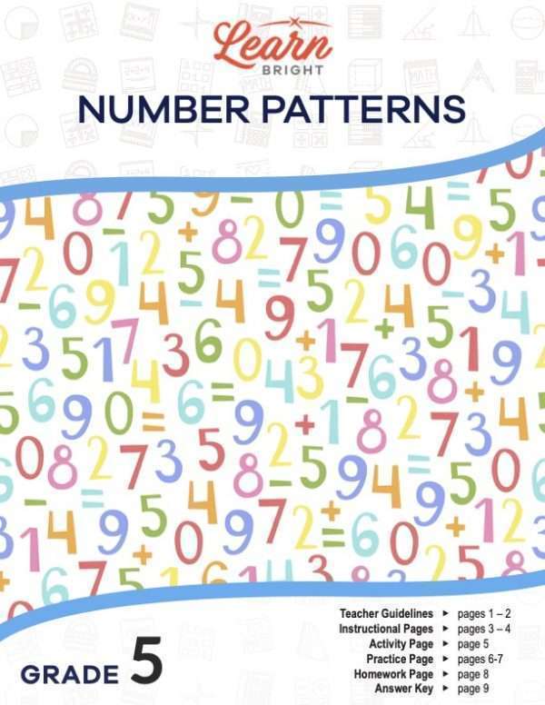 This is the title page for the Number Patterns lesson plan. It describes that this lesson is for grade level 5 and shows on which pages information can be found.