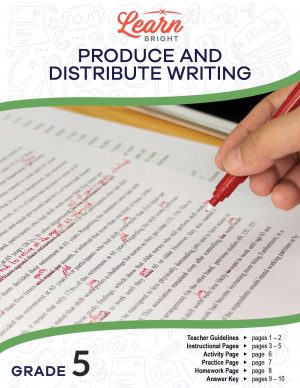 This is the title page for the Produce and Distribute Writing lesson plan. The main image is of a person editing a paper using a red pen to mark it up. The orange Learn Bright logo is at the top of the page.