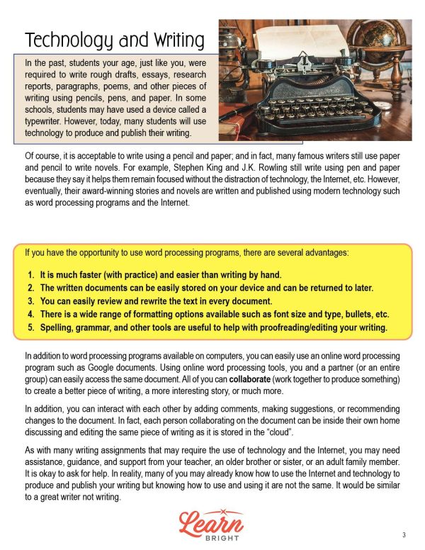 This is the first content page for the Produce and Distribute Writing lesson plan. There is a picture of an old typewriter, gas lantern, and globe. The orange Learn Bright logo is at the bottom of the page.