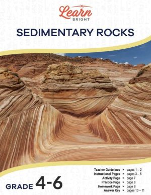 This is the title page for the Sedimentary Rocks lesson plan. The main image is of rock that look like they have many layers. The orange Learn Bright logo is at the top of the page.