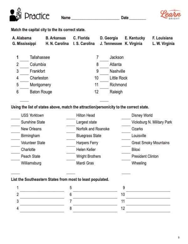 This is the practice worksheet for the United States Southeast Region lesson plan. The orange Learn Bright logo is in the top-right corner of the page.