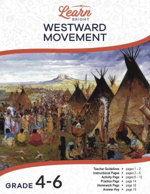 This is the title page for the Westward Movement lesson plan. There is a painting of a Native American settlement with people and teepees. The orange Learn Bright logo is at the top of the page.