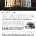 This is a content page for the All about the Lincoln Memorial lesson plan. There is an image of the Lincoln Memorial building at night, lit up by light. There is also a picture of the building in the day time. The orange Learn Bright logo is at the bottom of the page.