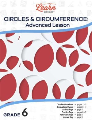 This is the title page for the Circles and Circumference – Advanced Lesson lesson plan. The main image is of a bunch of circles in a random pattern. The orange Learn Bright logo is at the top of the page.