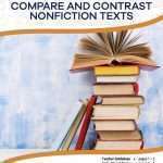 This is the title page for the Compare and Contrast Nonfiction Texts lesson plan. The main image is of a stack of books with one book open and the pages fanned out at the top. The orange Learn Bright logo is at the top of the page.