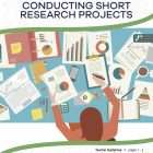 This is the title page for the Conducting Short Research Projects lesson plan. There is an illustration of a girl organizing many graphs and charts on her desk. The orange Learn Bright logo is at the top of the page.