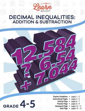 This is the title page for the Decimal Inequalities – Addition and Subtraction lesson plan. There is a graphic showing different numbers with decimals. The orange Learn Bright logo is at the top of the page.