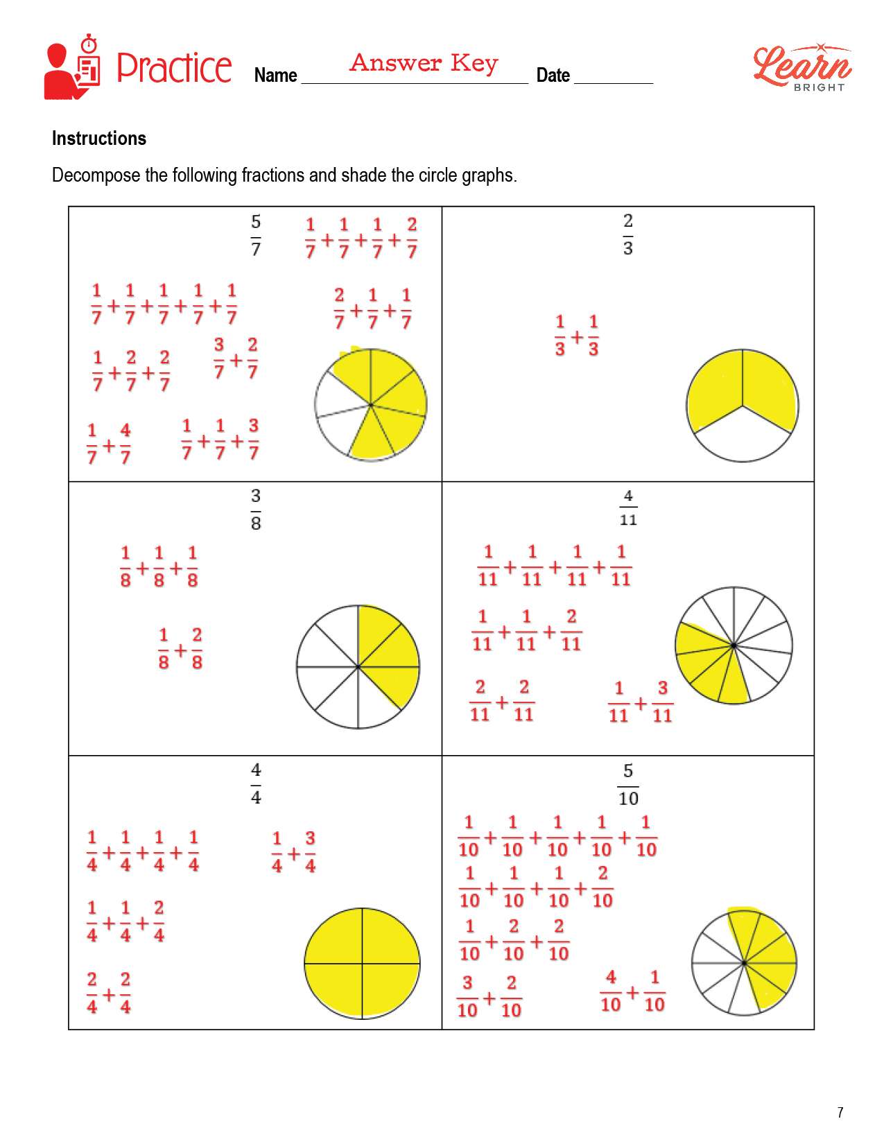 Decomposing Fractions 20th Grade Worksheet