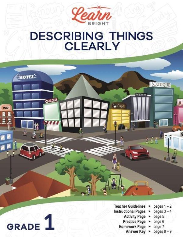 This is the title page for the Describing Things Clearly lesson plan. There is an illustration of a city intersection with various businesses, a park, and houses on the corners. The orange Learn Bright logo is at the top of the page.