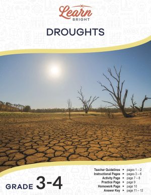 This is the title page for the Droughts lesson plan. There is a picture of a desert landscape with cracks everywhere. The orange Learn Bright logo is at the top of the page.