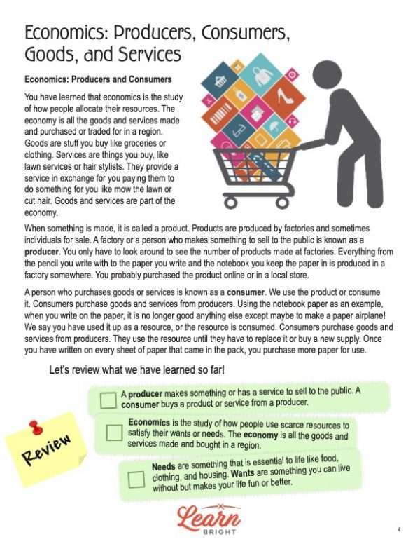 This is a content page for the Economics lesson plan. There is a graphic of a walking person pushing a cart full of items represented by boxes with icons of the items, such as shoes and groceries. The orange Learn Bright logo is at the bottom of the page.