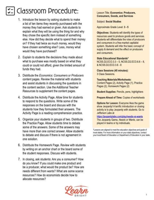 This is the teachers guide for the Economics lesson plan. The orange Learn Bright logo is at the bottom of the page.
