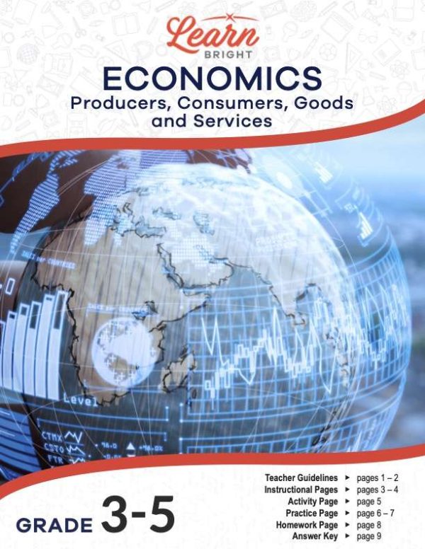 This is the title page for the Economics lesson plan. The main image is of a globe showing graphs and charts hovering like a hologram around the globe. The orange Learn Bright logo is at the top of the page.