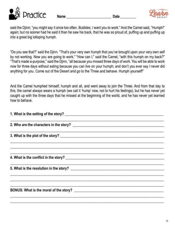 This is a practice worksheet for the Elements in Stories lesson plan. The orange Learn Bright logo is in the top-right corner of the page.