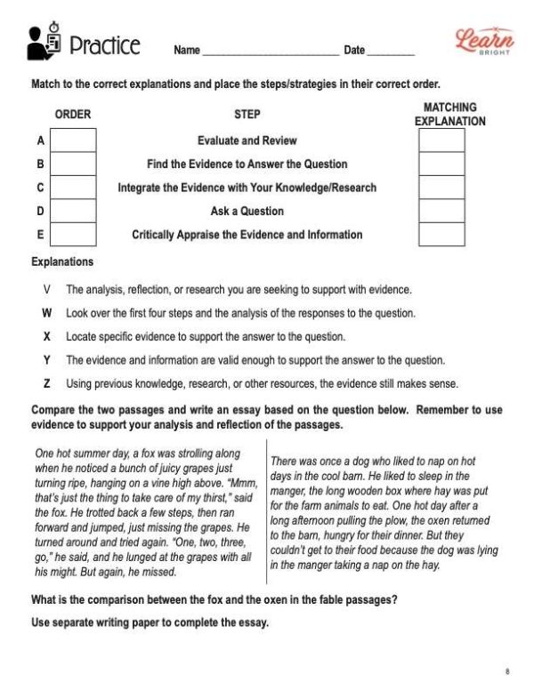 This is the practice worksheet page for the Evidence and Support lesson plan. The orange Learn Bright logo is in the top-right corner of the page.