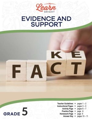 This is the title page for the Evidence and Support lesson plan. There is a picture of letter blocks with someone holding two of them. It makes it look like the word being made is either "fake" or "fact" depending on how the person lays the blocks down. The orange Learn Bright logo is at the top of the page.