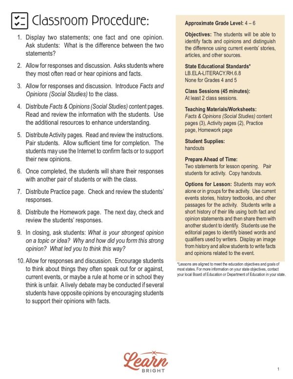 This is the classroom procedure page for the Facts and Opinions lesson plan. The orange Learn Bright logo is at the bottom of the page.