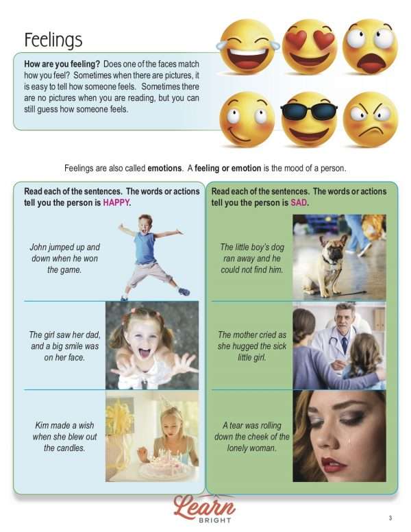This is a content page for the Feelings lesson plan. There is a graphic of six emojis with different expressions. There are six images of people showing happiness and sadness. The orange Learn Bright logo is at the bottom of the page.
