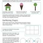 This is a content page for the Geometry Shapes 2 lesson plan. There is a graphic of a house, an ice cream cone, and a tree made from simple shapes like triangles and squares. There is graphic of three circles—one whole, one showing a line through the middle with a 1/2 fraction, and one with two lines showing 1/4 fractions. The orange Learn Bright logo is at the bottom of the page.