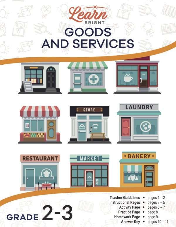This is the title page for the Goods and Services lesson plan. There are nine illustrations to represent various buildings, such as police station, hospital, bakery, and restaurant. The orange Learn Bright logo is at the top of the page.