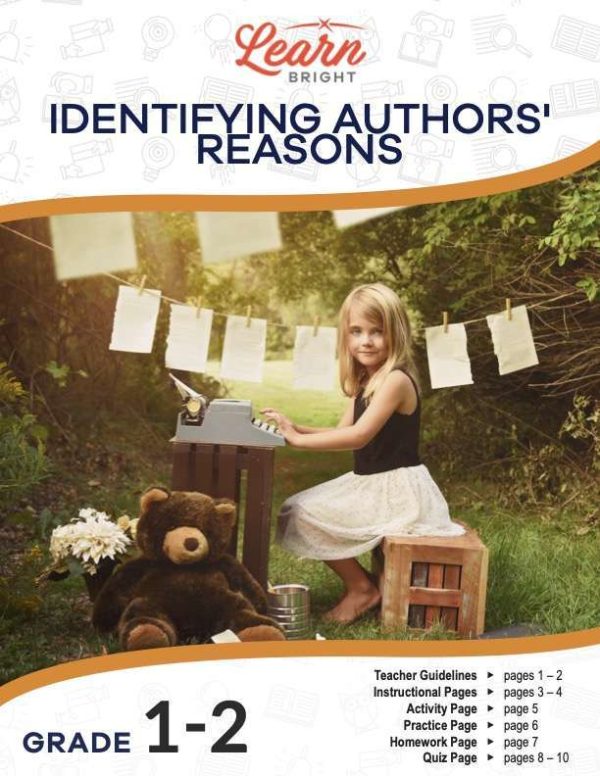 This is the title page for the Identifying Authors' Reasons – Grades 1-2 lesson plan. There is a picture of a girl typing on a typewriter. The orange Learn Bright logo is at the top of the page.