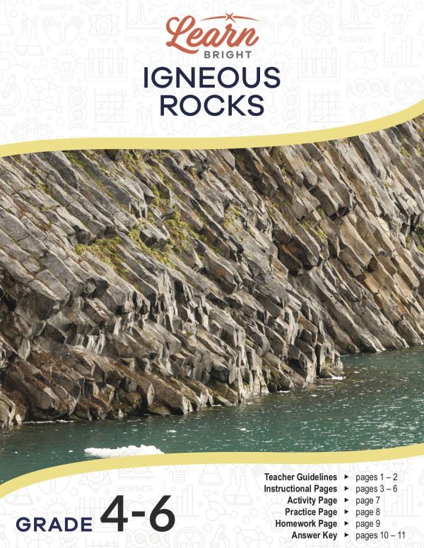This is the title page for the Igneous Rocks lesson plan. The main image is of some kind of rock click next to a greenish lake. The orange Learn Bright logo is at the top of the page.