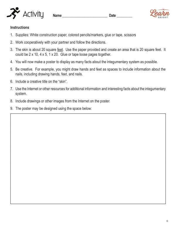 This is the activity worksheet for the Integumentary System lesson plan. The orange Learn Bright logo is in the top-right corner of the page.