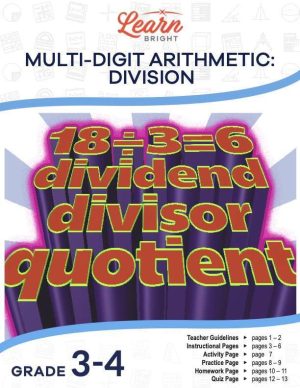 This is the title page for the Multi-Digit Arithmetic – Division lesson plan. The main image is of a division equation and the words dividend, divisor, and quotient beneath it. The orange Learn Bright logo is at the top of the page.