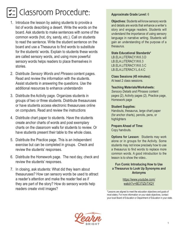 This is the teachers guide for the Narrative Writing – Sensory Language lesson plan. The orange Learn Bright logo is at the bottom of the page.