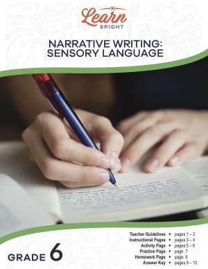 This is the title page for the Narrative Writing – Sensory Language lesson plan. The main image is of a person writing in a notebook. The orange Learn Bright logo is at the top of the page.