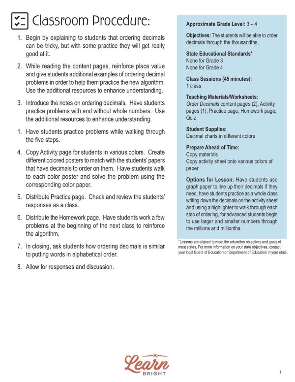 This is the teachers guide for the Order Decimals lesson plan. The orange Learn Bright logo is on the bottom of the page.