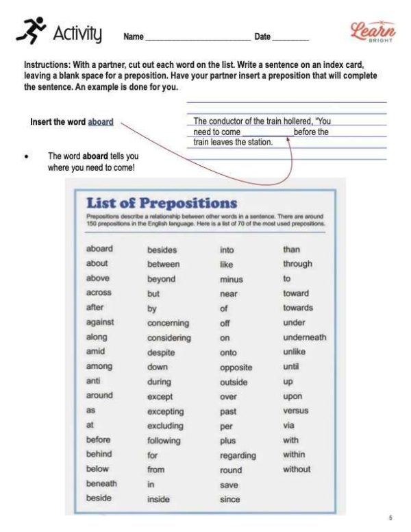 This is the activity page for the Prepositions and Prepositional Phrases lesson plan. There is a graphic that lists many of the prepositions in the English language. The orange Learn Bright logo is in the top-right corner.
