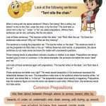 This is a content page for the Prepositions and Prepositional Phrases lesson plan. There is a graphic of an emoji pointing and a picture of a girl sitting on a chair. The orange Learn Bright logo is at the bottom of the page.