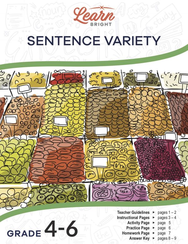 This is the title page for the Sentence Variety lesson plan. The main image is an illustration of different produce at a grocery store. The orange Learn Bright logo is at the top of the page.