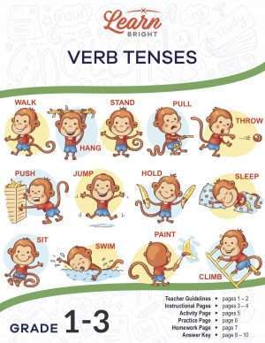 This is the title page for the Verb Tenses – Grades 1-3 lesson plan. There are 13 graphics of a monkey representing 13 different actions. The orange Learn Bright logo is at the top of the page.