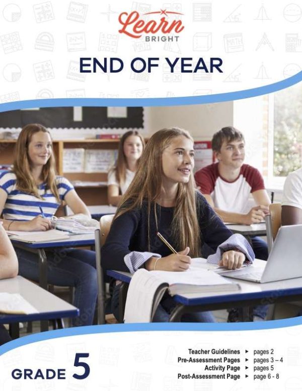 This is the title page for the EOY Math Assessment Grade 5 evaluation. The main image is of students smiling as they look up at something while they write notes. The orange Learn Bright logo is at the top of the page.