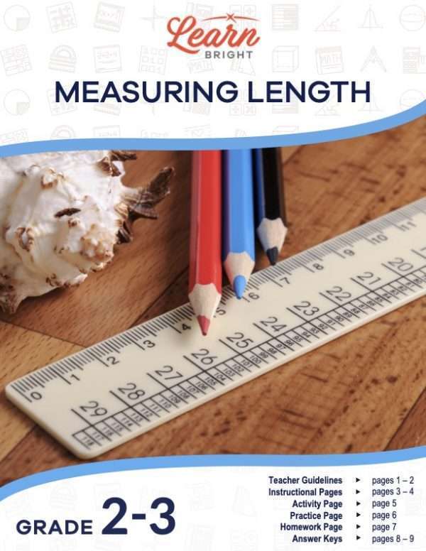 This is the title page for the Measuring Length lesson plan. There is a photo of red, blue, and black colored pencils next to a ruler on a table. The orange Learn Bright logo is at the top of the page.