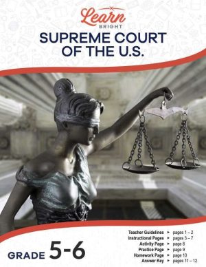 This is the title page for the Supreme Court of the U.S. lesson plan. The main image is of a bronze statue of Lady Justice holding a scale in her hand. The orange Learn Bright logo is at the top of the page.
