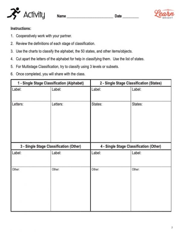 This is the activity worksheet for the Classification lesson plan. The orange Learn Bright logo is in the top-right corner of the page.