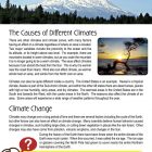 This is a content page for the Climates lesson plan. There are pictures of a mountain with evergreen trees around it and a picture of a tree on a beach with the sun setting on the horizon. The orange Learn Bright logo is at the bottom of the page.