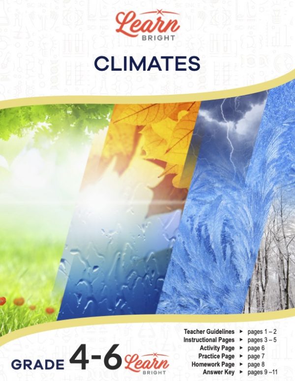 This is the title page for the Climates lesson plan. The main image is collage of pictures representing different types of climate. The orange Learn Bright logo is at the top of the page.