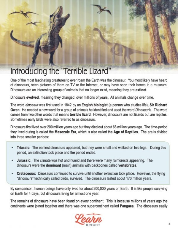This is a content page for the Dinosaurs lesson plan. There is a picture of a T-Rex and some other dinosaurs. The orange Learn Bright logo is at the bottom of the page. The orange Learn Bright logo is at the bottom of the page.
