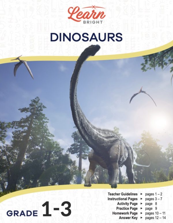 This is the title page for the Dinosaurs lesson plan. The main image is of a brachiosaurus in a forest with some pterodactyls flying around him. The orange Learn Bright logo is at the top of the page.